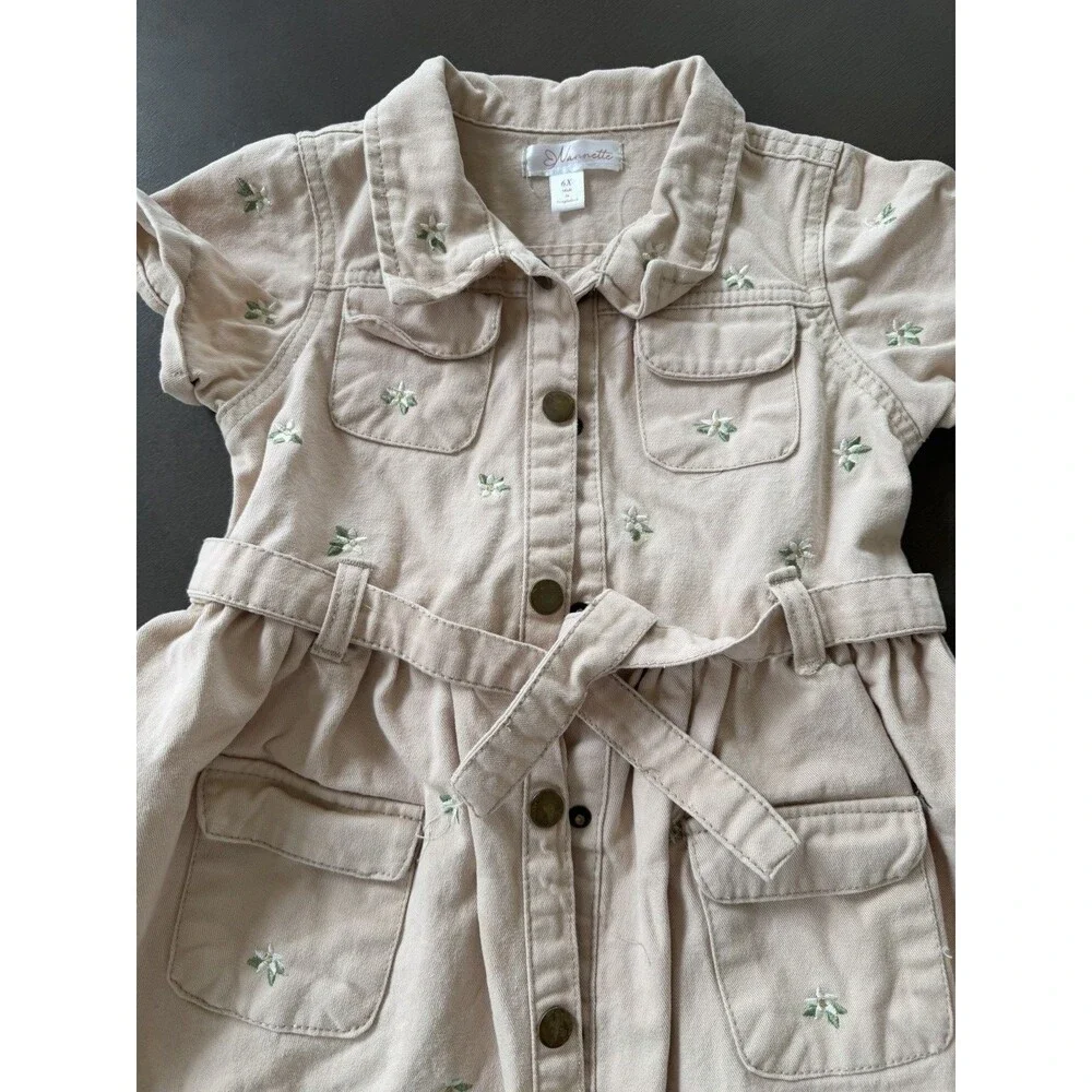 Nanette Denim Button-Front Dress Pockets floral embroidered Girls Size 6T beige